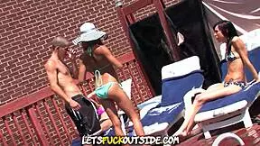 Suburban exterior group orgy with mature and teen