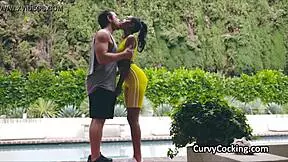 Curvy black teen ends sweaty workout riding hard white cock in tight spandex. Her fat ebony ass bounces with every thrust.