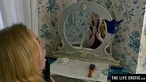 Blonde In Fishnets Rides Dildo Doggy Style