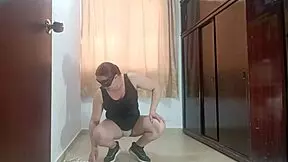 Sexually compliant blonde wife of a man performs her workout in her naked granny tights and teasingly takes them off