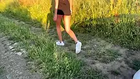fucking my young girlfriend after outdoor piss, her shaved pussy tight and wet
