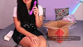 Petite latina unboxes and tests funjoy toys with dirty talk and squirting