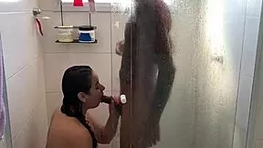 The cuckold lets his best friend eat his wife's ass before fucking her loose in the bathroom