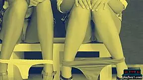 two petite teen 18+ models in miniskirts undress each other, exposing shaved pussies and tits