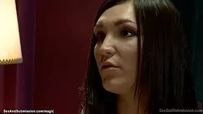 Butler slams busty babe hard in tight bondage setup