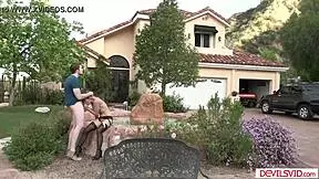 Does this guy make the blonde housewife squirt outdoors?