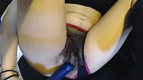 Hairy Pussy Under Sheer Black And Pink Panties Gets Fucked By Blue Dildo