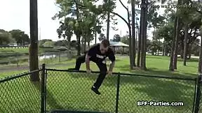 Busted coed BFFs caught and pleasing security guard. They work that monster cock together.