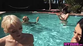 Bisexual teens in bikinis fucking by the pool outdoor