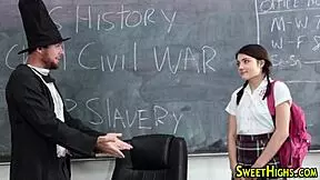 Pretty teen student gets jizzed in uniform during fingering session.