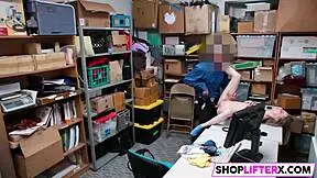Sweet teen caught shoplifting gets monster cock blowjob at the office