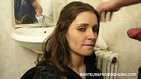 Quickie in bathroom with blowjob and fucking leads to explosive orgasm