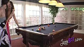teen and milf fucking on pool table with dildo