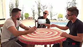 In this casual scene, the amazing tattooed Brazilian teen Alessandra eagerly takes three cocks deep in her ass.