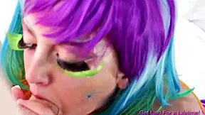 Rainbow haired teen 18+ deep throats dick in spandex