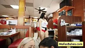 Horny busty sluts elana bunnz and eden west share derek savage's huge cock in public