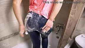 wet jeans fetish in bathroom with ass worship and voyeur fun