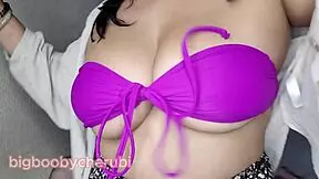 Asian teen's bikini struggles to contain her massive tits as she sucks cock