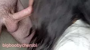 Asian teen's bikini struggles to contain her massive tits as she sucks cock