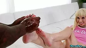 Petite Blondie Kenzie Reeves Surprises Black Man with Greasy Footjob