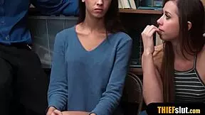 Pervy cop catches two shoplifter chicks fucking together.