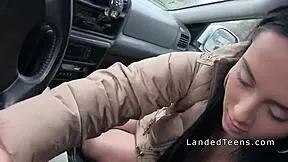 Naughty brunette teen hooks up for a steamy bang session inside a car after hitchhiking