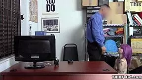 Purple haired biker chick caught shoplifting, tiny 18+ pussy destroyed by blowjob and doggystyle