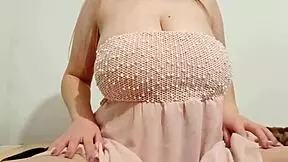 Hottie in chic dress fondles big boobs, then gets licked to squirt