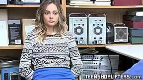 Juicy young thief gets her pussy smashed in doggystyle and cowgirl by devoted security officer in garage office