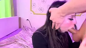 A skinny brunette couple shares a big cock, licking balls and sucking together