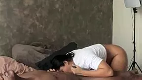 Amateur ebony couple sucks monster cock with handjob and cum on webcam