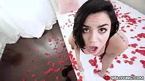 Stepsis gives blowjob and rides monster cock in bedroom doggystyle with stepbro