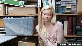 Hardsex with tiny tits shoplifter Riley Star in the office, riding big cock.
