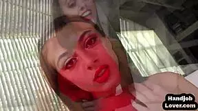 This HJ pornstar babe blows hard cock POV while talking dirty.