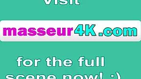 Brunette teen Erin receives a professional massage focusing on her hairy areas in missionary position