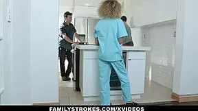 Familystrokes - caramel ebony teen 18+ Xianna Hil gets throatfucked by stepbro in missionary.