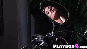 Sexy blonde model Lindsay Marie poses in lingerie before ripping clothes for intense striptease.