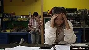 The ebony teen sucks cock then gets banged in all sorts of poses