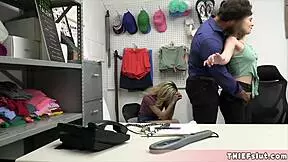 Cute blonde and brunette friend get caught by mall cop Mike and roughly fucked