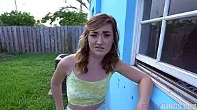 why is hot teen kat sneaking around the back yard?