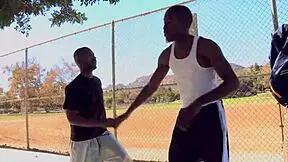 Horny cheerleader May Lee pounded by two black studs. Her tight body takes it all.