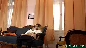 Hot blonde amateur teen blows an older guy in stockings.