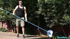 Petite Anne Amari handles pizza guy and pool guy at once