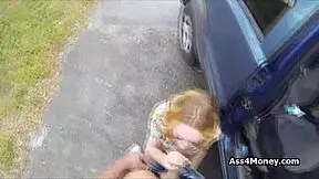 Perky blonde amateur gets paid for blowjob in public