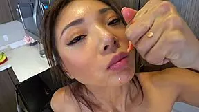 young asian reaches intense orgasm with fruit cum