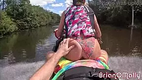 Hot blonde rides jetski and gets roughly fucked under bridge with deepthroat