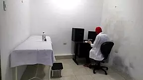 Doctor's hands touch her intimately