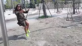 Stepmom Flashes Big Tits And Hairy Pussy In City Center