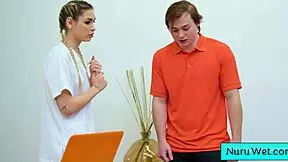 Sexy teen 18+ masseuse Delilah Day rubs naked body with nuru gel on Anthony Pierce.