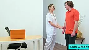 Sexy teen 18+ masseuse Delilah Day rubs naked body with nuru gel on Anthony Pierce.